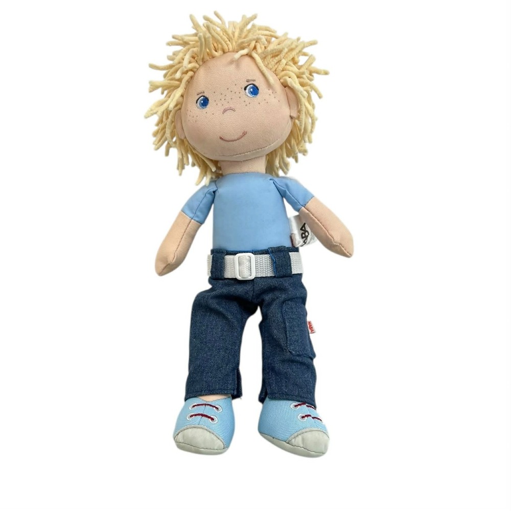 HABA Boy Doll Blonde Hair Blue Eyes Freckles Denim Jeans‎ White Belt